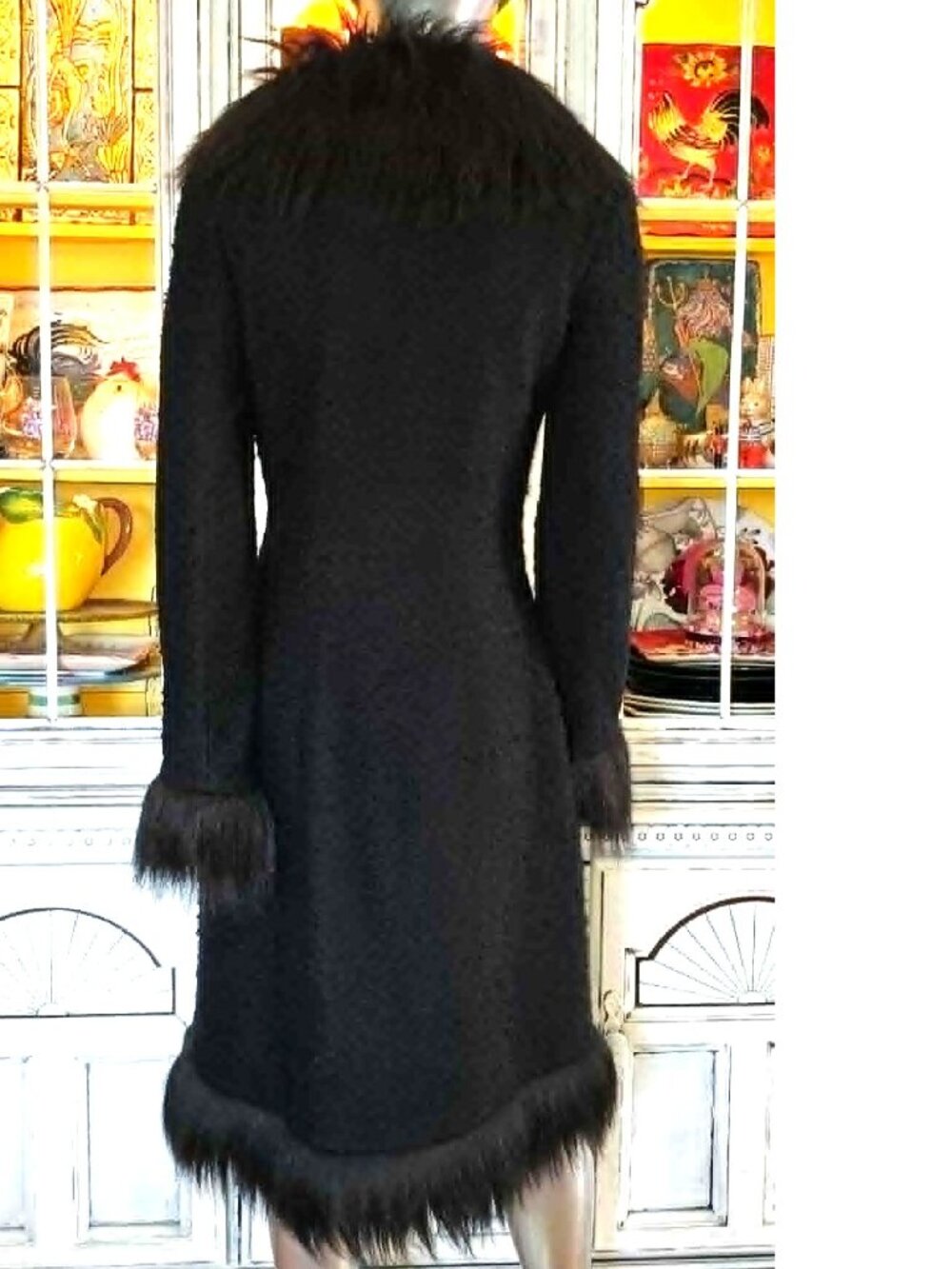 Vintage Betsey Johnson New York 90s Black Faux Fur Long Midi Duster Coat Jacket - Picture 10 of 16